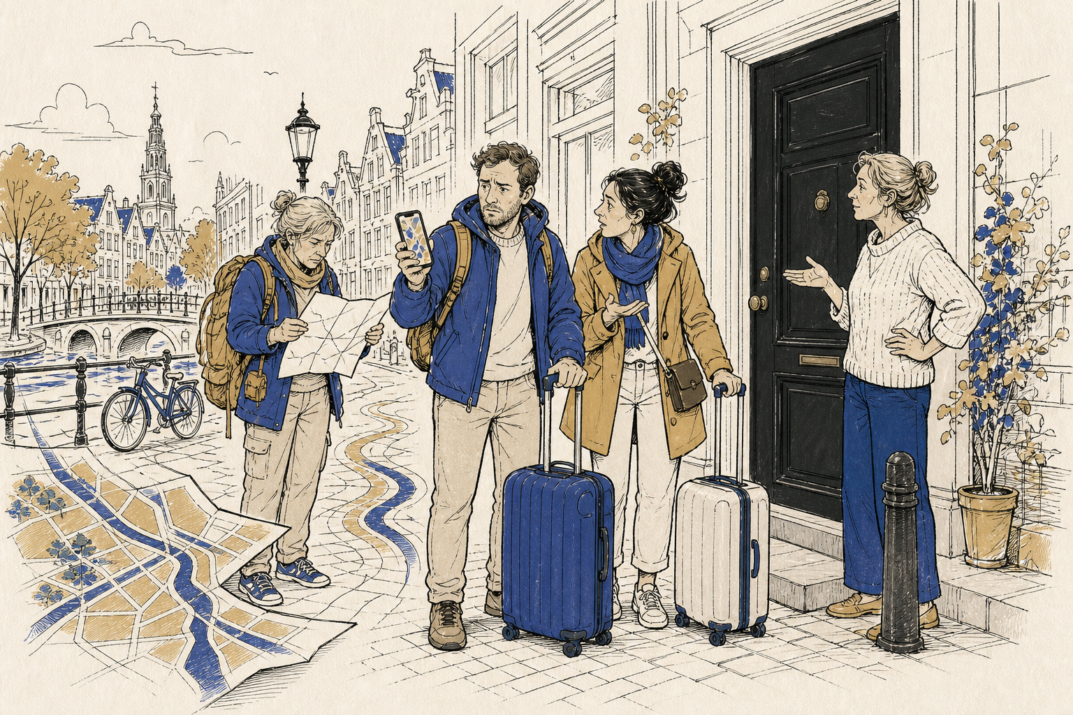 Illustratie: twee reizigers met koffers voor een gesloten zwarte voordeur, vergelijken hun telefoon met het adres