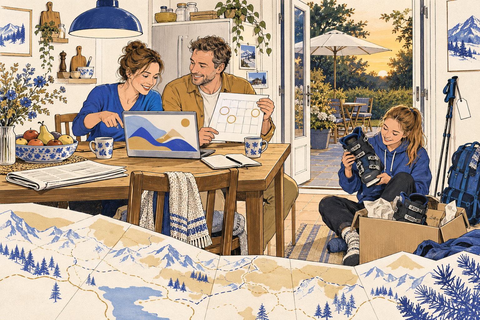 Gezin boekt in september de skivakantie aan de keukentafel terwijl buiten de tuinstoelen nog staan